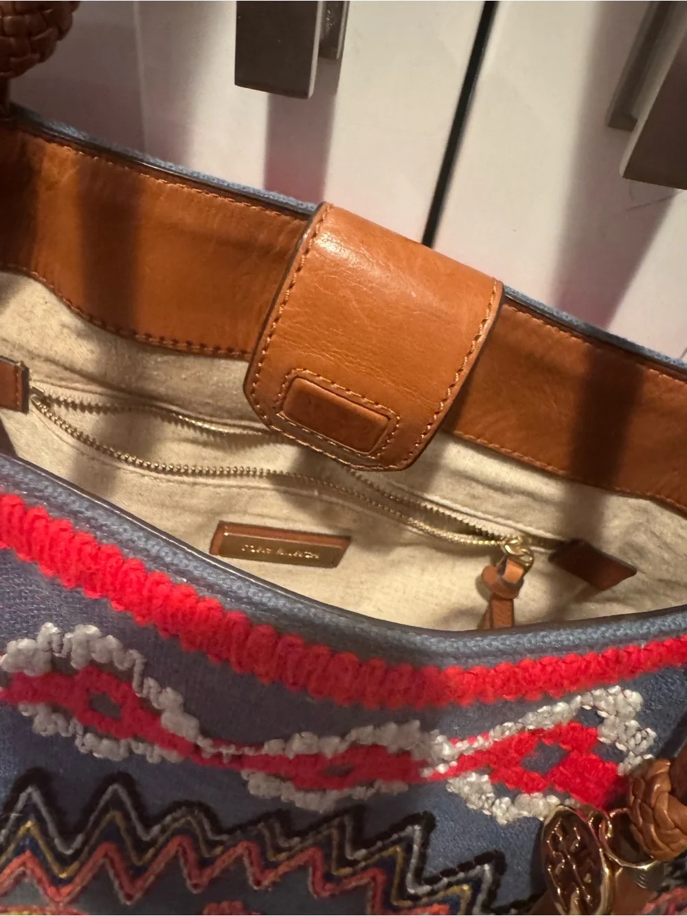 Tory Burch Taylor Aztec Linen Multicolor Woven Tote with Tassel